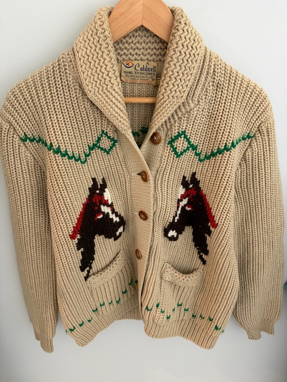 Stunning Cowichan style Caldwell  Shawl Collar Horse Intarsia Knit Sweater